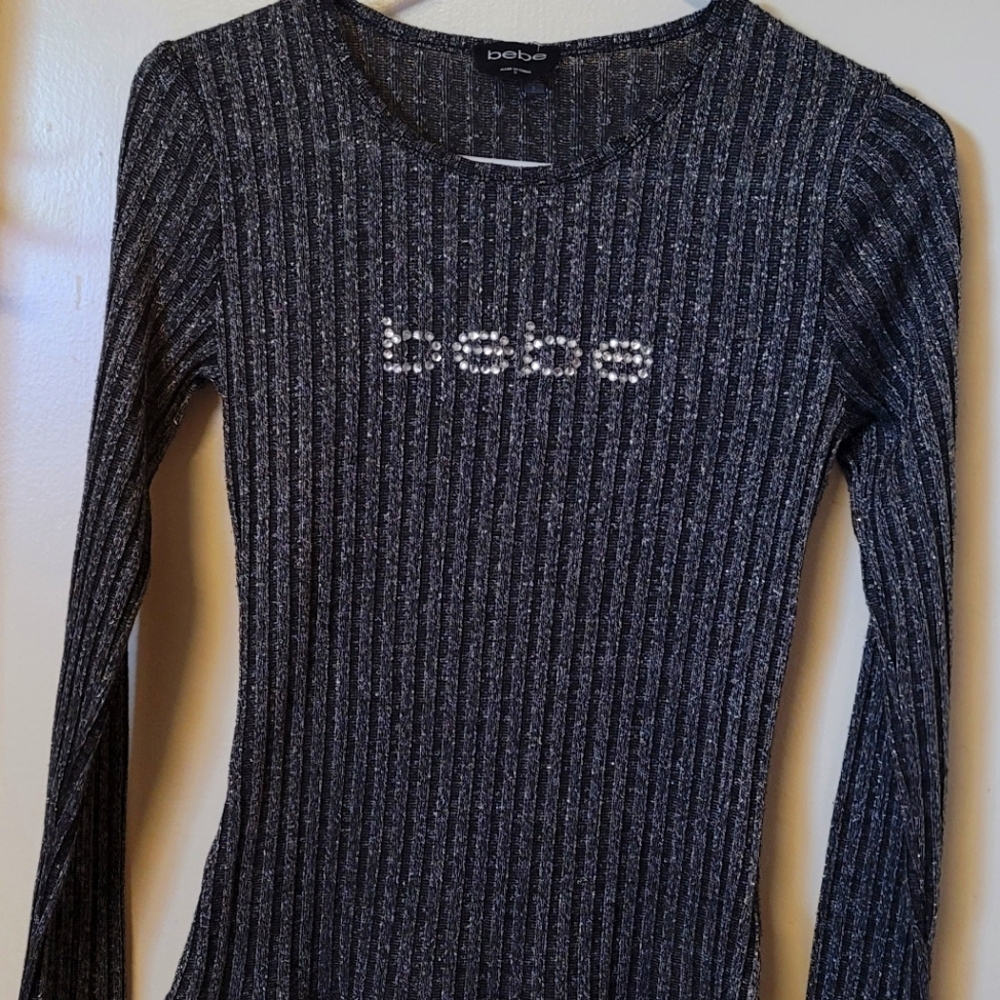 Bebe Metallic Long Sleeved Shirt in Silver